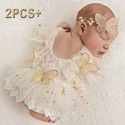 2Pcs Newborn Photography Outfit Baby Girl Butterfly Glitter Star Lace Romper With Pearl Headband Infant Photo Props