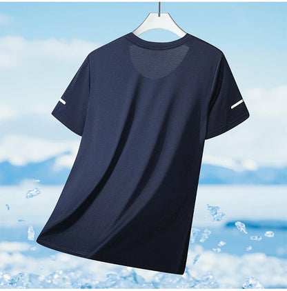 Summer Mesh Sports T-Shirt Men Quick-Drying Breathable Loose Ice Silk Short Sleeves Men Jogging Hiking Round Neck Sports T-shirt