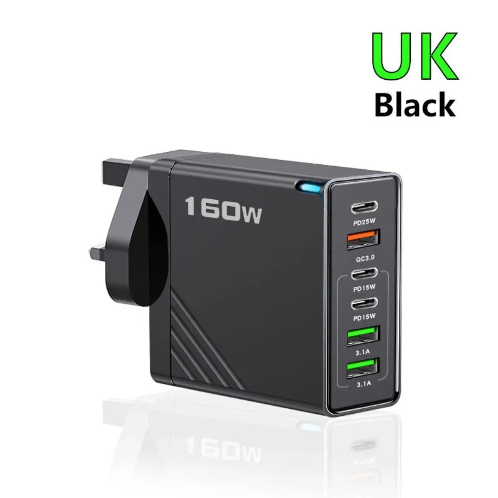 160W Fast Charge Phone Charger Adapter Multi Port USB Type C Charger For iPhone Samsung Xiaomi Huawei EU/US/UK Plug Wall Charger