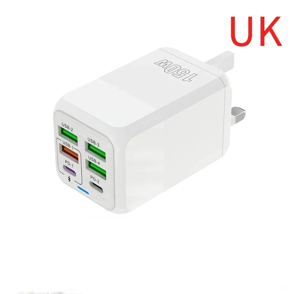 150W Multi Port USB Charger 6 Ports Fast Charge Phone Charger Wall Adapter For iPhone Samsung Xiaomi EU/US/UK Plug Quick Charger