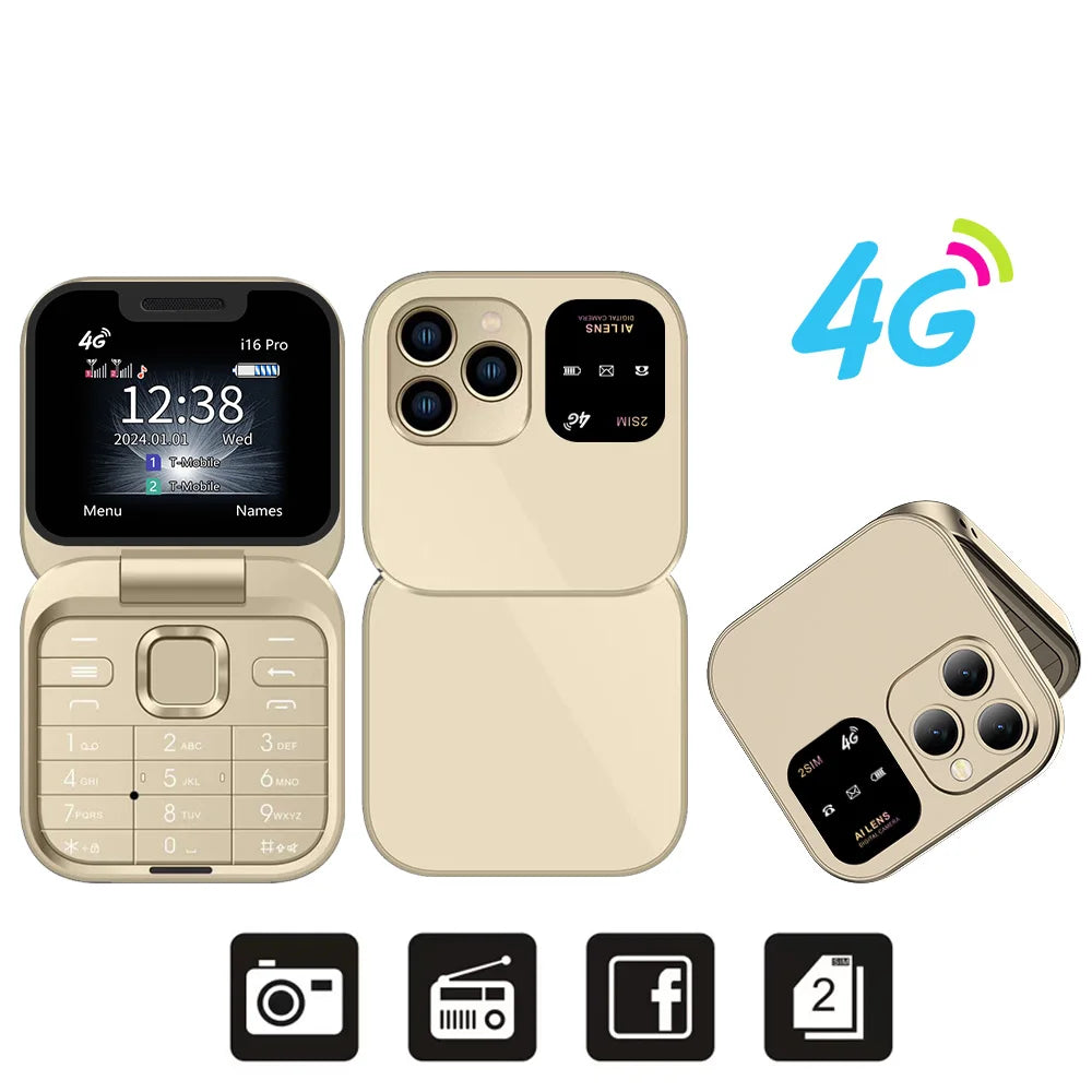 SERVO i16 PRO 4G LTE Mini Flip Mobile Phone Dual SIM Standby Call Recording Speed Dial FM Radio 1.77" Screen Foldable Cellphones