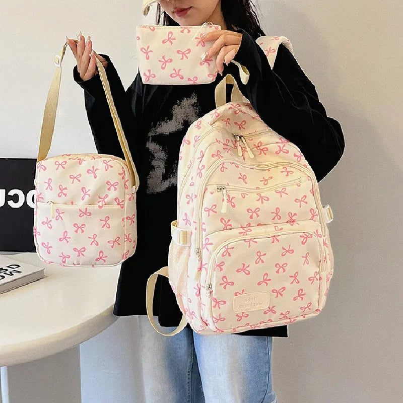 3 Pcs/Set Cute girl Large Capacity Backpack Bow Print Nylon Schoolbag Adjustable Strap Women daily Campus Backpack