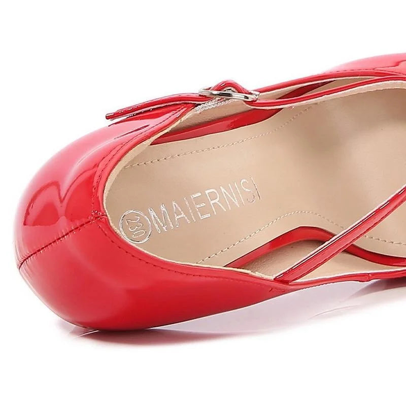 Women Patent Leather High Thin Heel Shoes Ankle Strap Women Pumps for Office Nightclub Party Wedding Cross Dressing Wide Shoes