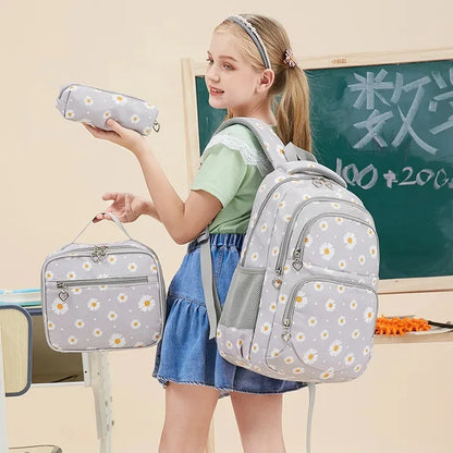Daisy Pattern School Bag Backpack Pencil Case Handbag Three Piece Set Nylon Fabric Waterproof Boys Girl Teenagers Trend Backpack