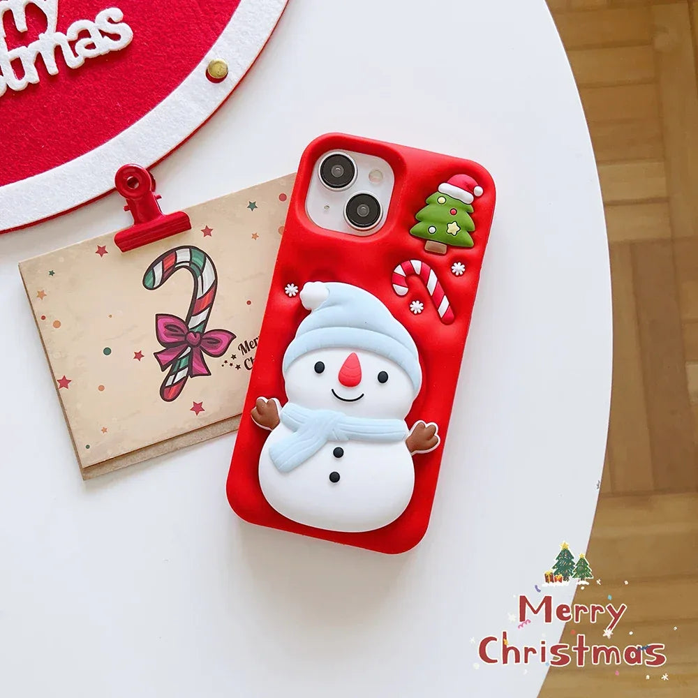 Cute 3D Cartoon Christmas Snow Man Telescopic Bracket Case For iPhone 16 15 14 13 12 Pro Max Soft Silicone Stand Holder Cover