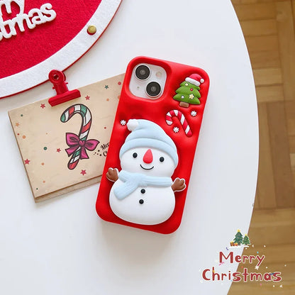 Cute 3D Cartoon Christmas Snow Man Telescopic Bracket Case For iPhone 16 15 14 13 12 Pro Max Soft Silicone Stand Holder Cover