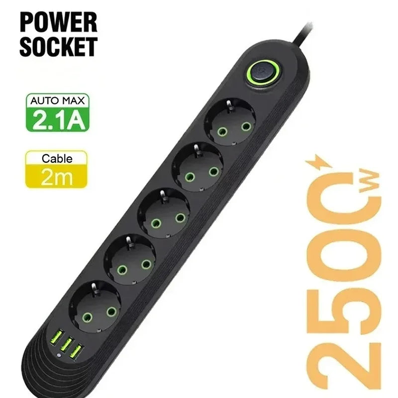 2500W EU Plug Power Socket 2m Extension Cable 3 USB Jack 3/4/5 Holes Power Strip Socket Network Filter With USB Ports Charging
