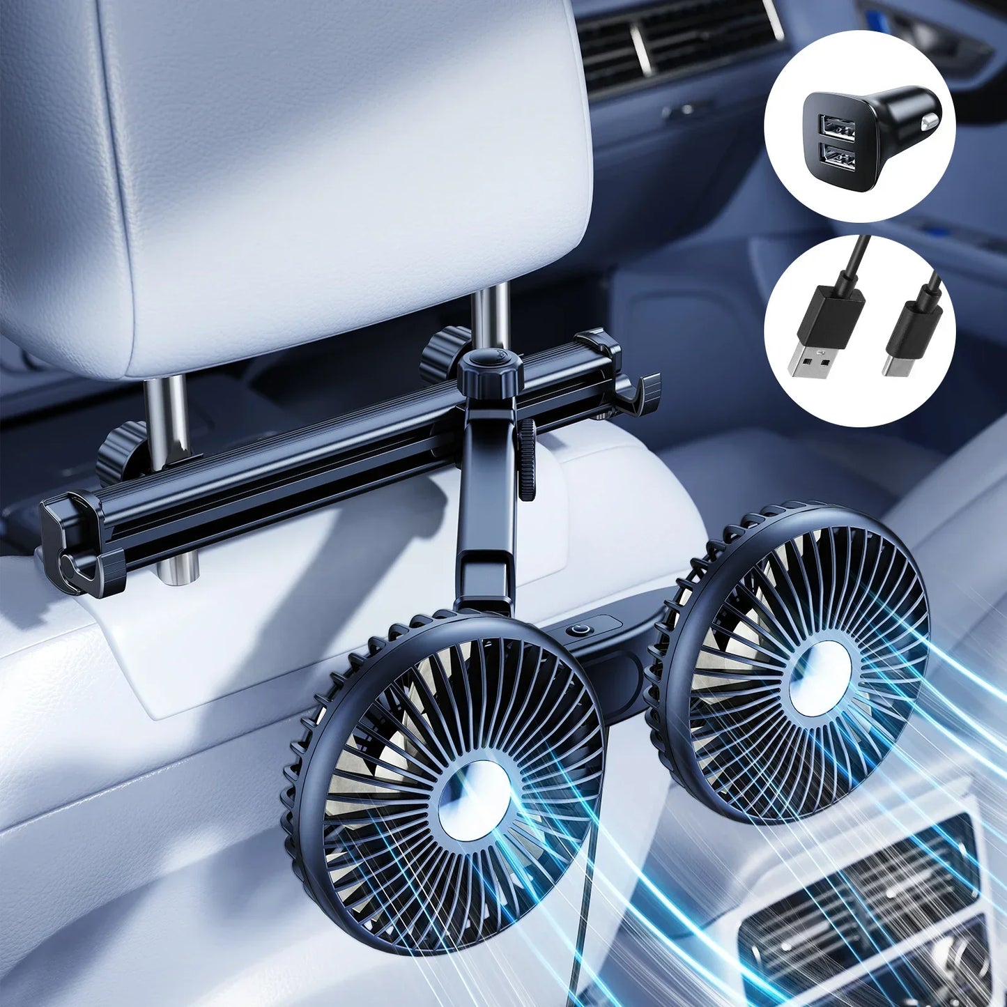 Eary Car Dual Head Fan Mount Back Seat With 3 Wind Speeds 360 Multi-Angle Adjustable Summer Air Cooling Fan With 2 Hidden Hooks