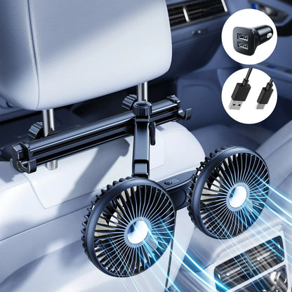 Eary Car Dual Head Fan Mount Back Seat With 3 Wind Speeds 360 Multi-Angle Adjustable Summer Air Cooling Fan With 2 Hidden Hooks