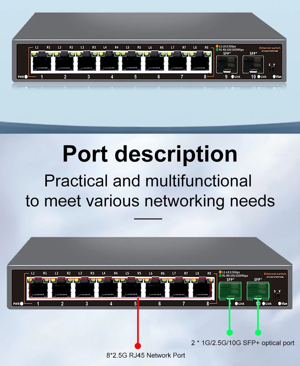 ONTi 2.5Gb Unmanaged Ethernet Switch 8 Port 2.5GBASE-T Network Switch with 10G SFP+ Port Plug and Play Fanless Homelab Switch