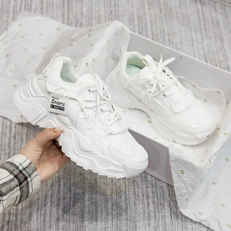 Women's Shoes Platform Autumn Leather 2025 New Versatile Black Casual Sneaker Solid Color Lace-up Vulcanize Shoes Tenis Feminino