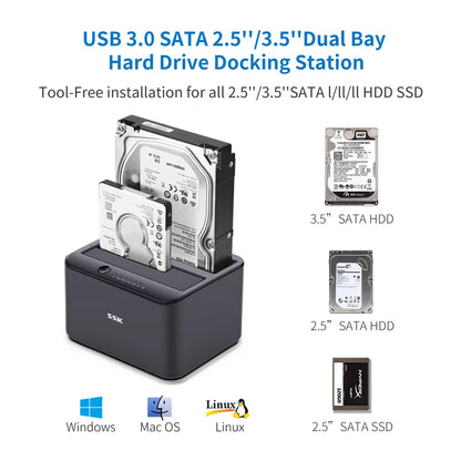 SSK Hard Drive Docking Station Dual Bay External HDD Dock for 2.5/3.5 Inch SATA HDD SSD with Offline Cloner/Duplicator Function