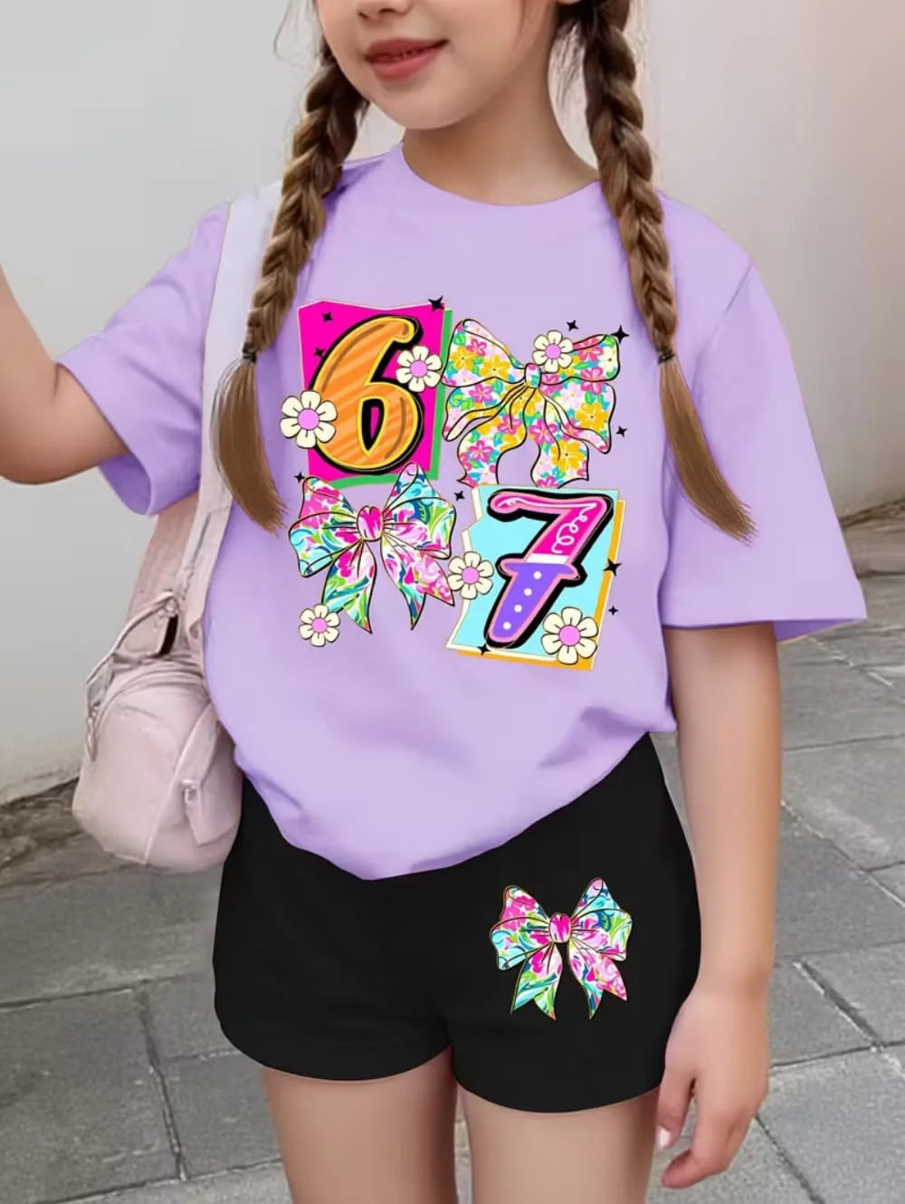 67 Six Seven Girls Clothes Cute Bows Flowers Print Girls Short Sleeve T-Shirt + Pants Set Casual Fashion Children's Clothes Tops