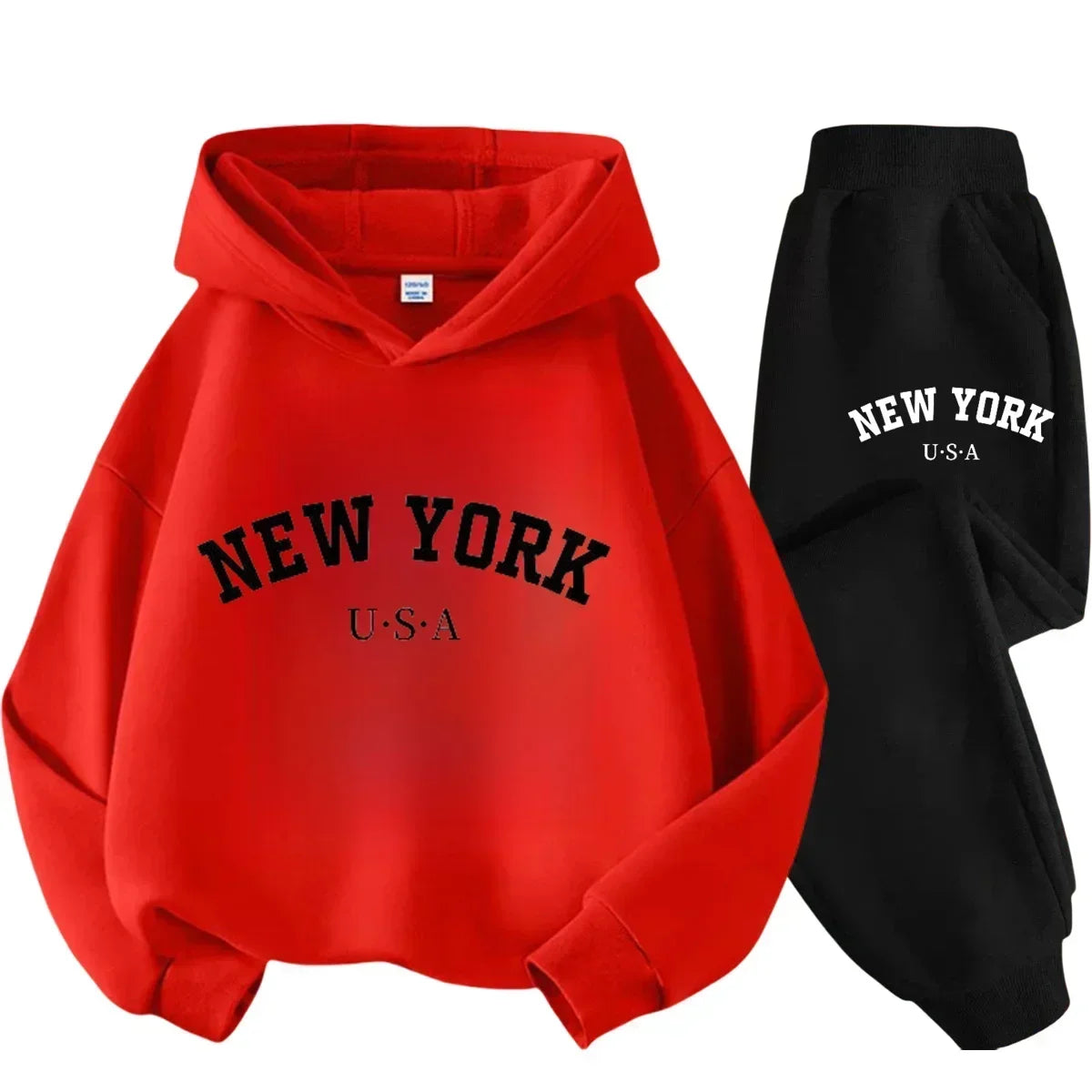 Autumn Warm New York Letter Cool Graphic Print Children Long Sleeve Hoodie +pant Suit 2pcs Set Sweatshirt Boy Girl Kid Sportwear