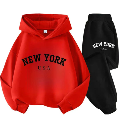 Autumn Warm New York Letter Cool Graphic Print Children Long Sleeve Hoodie +pant Suit 2pcs Set Sweatshirt Boy Girl Kid Sportwear