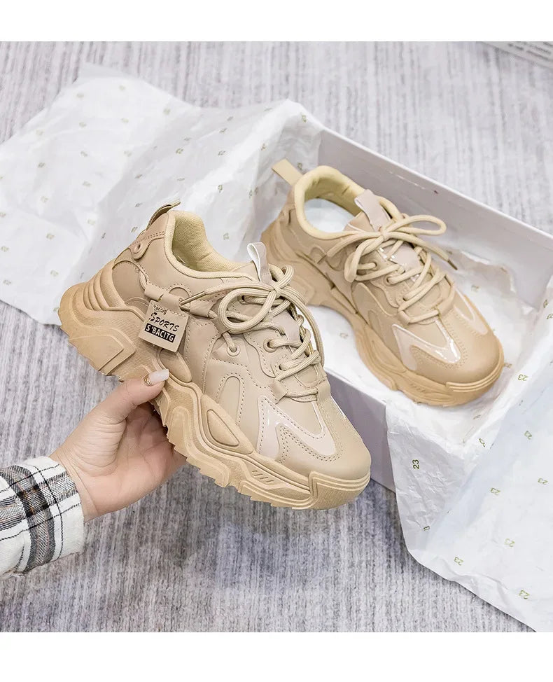 Women's Shoes Platform Autumn Leather 2025 New Versatile Black Casual Sneaker Solid Color Lace-up Vulcanize Shoes Tenis Feminino