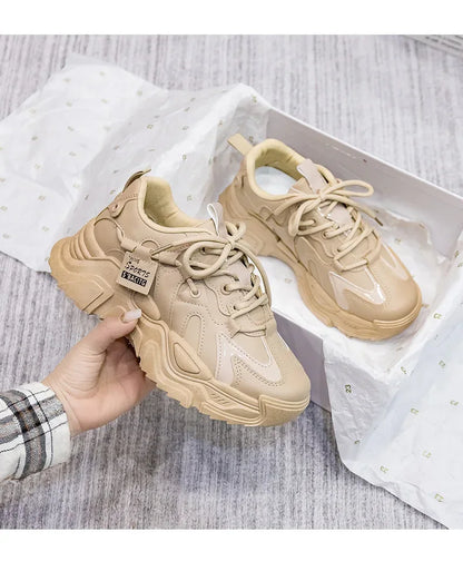 Women's Shoes Platform Autumn Leather 2025 New Versatile Black Casual Sneaker Solid Color Lace-up Vulcanize Shoes Tenis Feminino