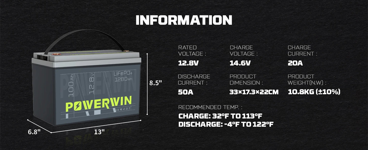 POWERWIN BT100 12.8V 100Ah 1280Wh LiFePO4 Battery 4000+Deep Cycle Rechargeable Built-in BMS Grade A Cell Solar Power Inverter