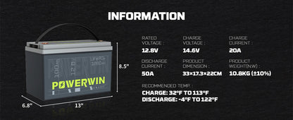 POWERWIN BT100 12.8V 100Ah 1280Wh LiFePO4 Battery 4000+Deep Cycle Rechargeable Built-in BMS Grade A Cell Solar Power Inverter