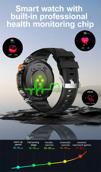 2026 New Outdoor Sports Smartwatch Men Compass 600mAh LED Flashlight Bluetooth Call 3ATM Waterproof Smartwatch For Android iOS