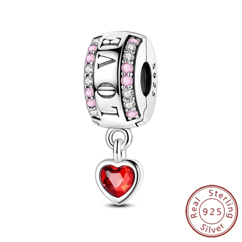 925 Silver Valentine's Day Charms Bead Sparkling Sweet Heart Rose Bear Charm Fit Original Bracelet Bangle Woman DIY Jewelry Gift