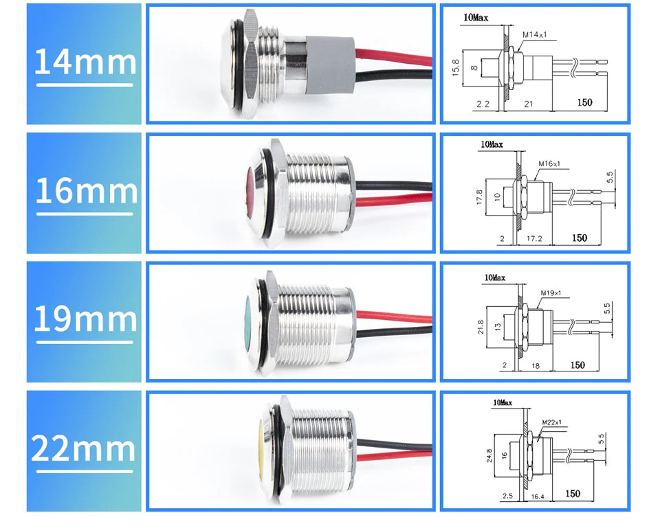 1pcs Alumina LED Warning Indicator Light Signal Lamp Pilot Wire 3-6 12-24 220V 6/8/10/12/16/19/22mm Power Waterproof IP65 Black