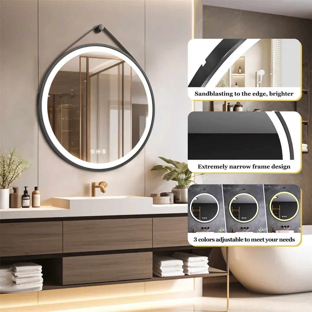 LUVODI 32-Inch Large Round Bathroom Mirror with LED Lights Black Frame Touch Sensor Lighted Mirror for Bathrooms