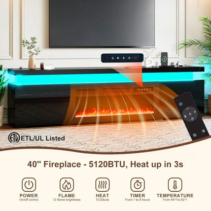 85’’ Fireplace TV Stand for 90 Inch TVs, Modern Entertainment Centers with LED Lights, High Gloss TV Console with 40’’ Electric