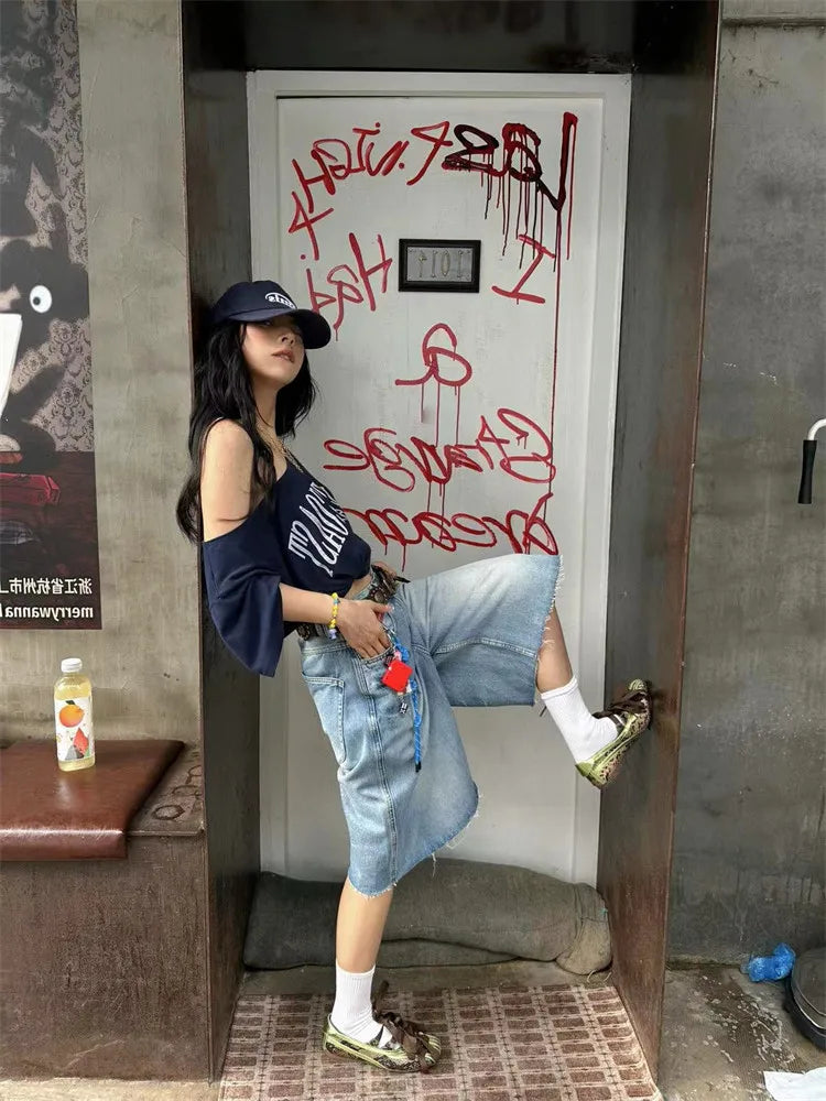 Yedinas Loose Off Shoulder Letter Graphic T Shirts Woman Clothing Short Sleeve American Retro Summer Tops Korean Style Y2k Tees