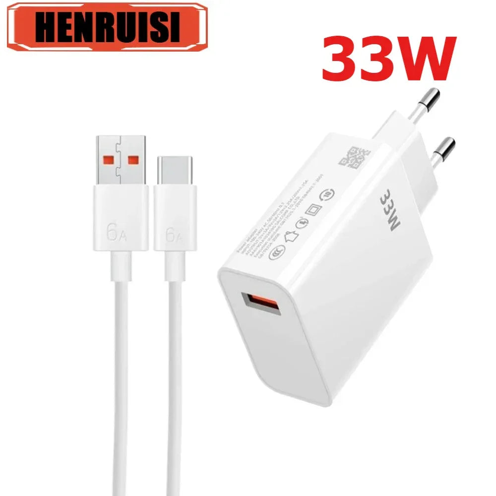 33W USB Fast Charging Charger with 6A Type C Cable Mobile Phone Adapter For iPhone 15 Xiaomi 14 Redmi 13 12 Samsung Wall Adapter
