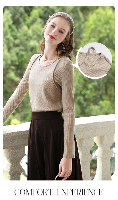 I BELIEVE YOU T-shirts for Women 2024 Autumn New Khaki Flash Silver Fake Two Long Sleeve Fashion Lady Bottom Sweaters 2243015763
