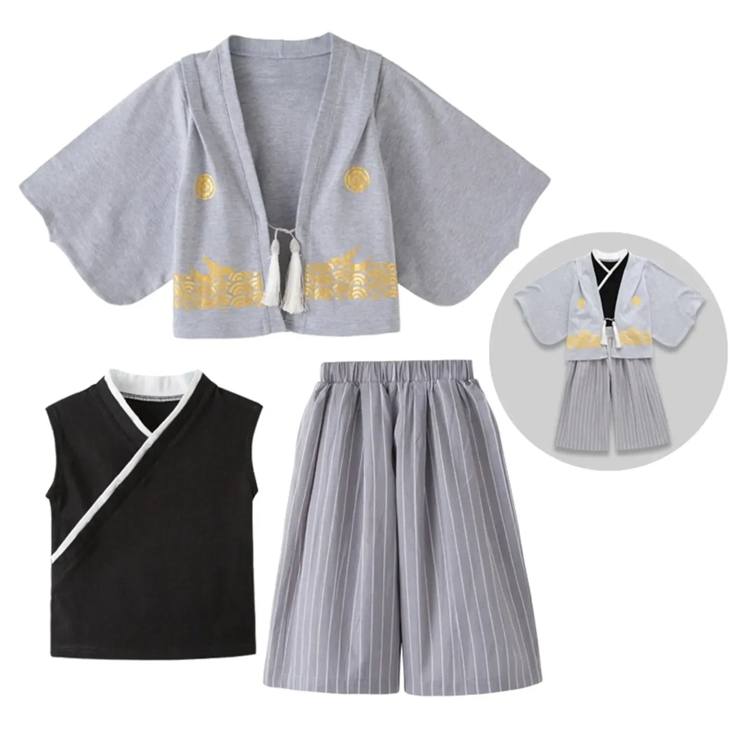 Boys' Kimono Set Traditional Jinbei Kimono For Weddings Graduations Cherry And Autumn Festivals Boys Winter Outfit