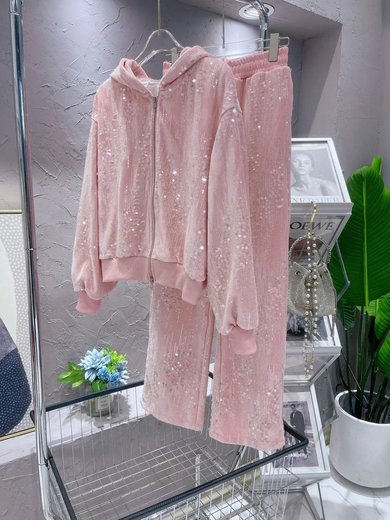 Fashion Pink Casual Suit for Women Autumn Winter New Gold Velvet Sequins Pearl Embroidery Sweatshirt Sports Pants Two-Piece Sets