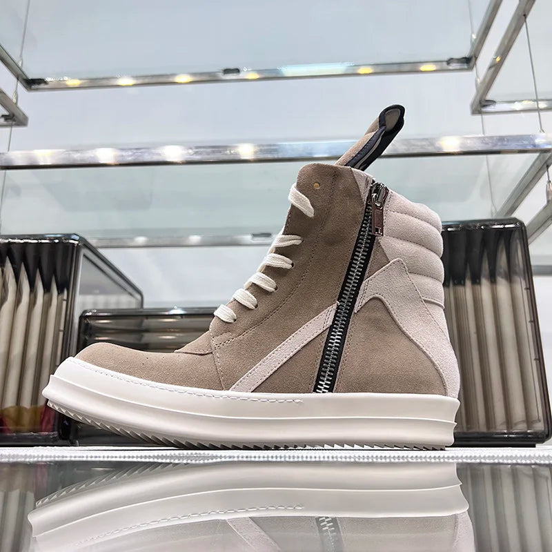 Ro Shoes Men Leather 2025 New Earthy Grey Cow Suede Lace Up Zipper Thick Sole Luxury Geo Women Street Hip-hop Casual Flat Boots