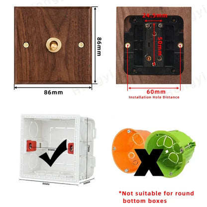 Black walnut retro European retro wall lamp switch socket, solid wood brass toggle switch board 1-4Gang 2Way antique home switch