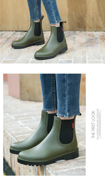 Women's short tube anti slip rain shoes, lightweight waterproof water shoes, fashionable Chelsea rain boots, PVC one-time moldin