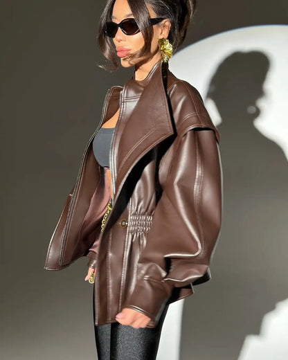 2025 Elastic Waist Cinching Brwon Leather Jacket Women Casual Lapel Zipper Pu Coat Lady New Autumn Outdoors Highstreet Outwear