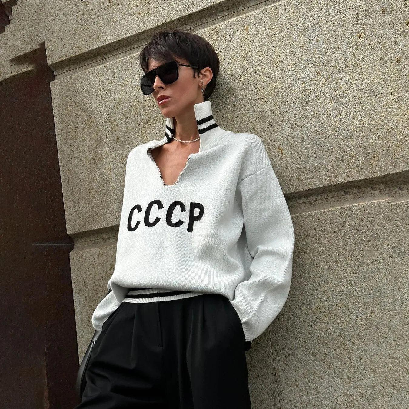 JHJN Autumn V-Neck Sweater Women Patchwork Letter Streety Tops Loose Casual Pullovers Long-Sleeved Knitted Shirts Women Sweater