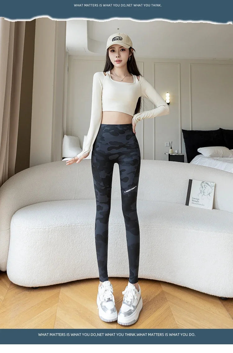 Women Camo Shark Pants High Waist Pocket Leggings Big Size Stretchy Casual Pants Fashion Skinny Yoga Fitness Pants