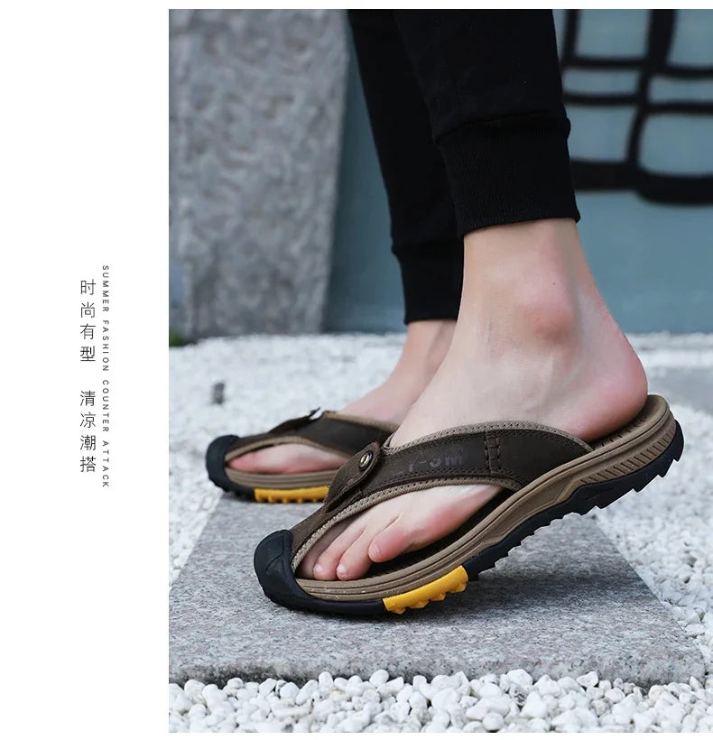 Genuine Cow Leather Shoes Men Sandals Mens Flip Flops Men's Casual Shoes Classic Massage Beach Slippers Anti-slip Summer 2025