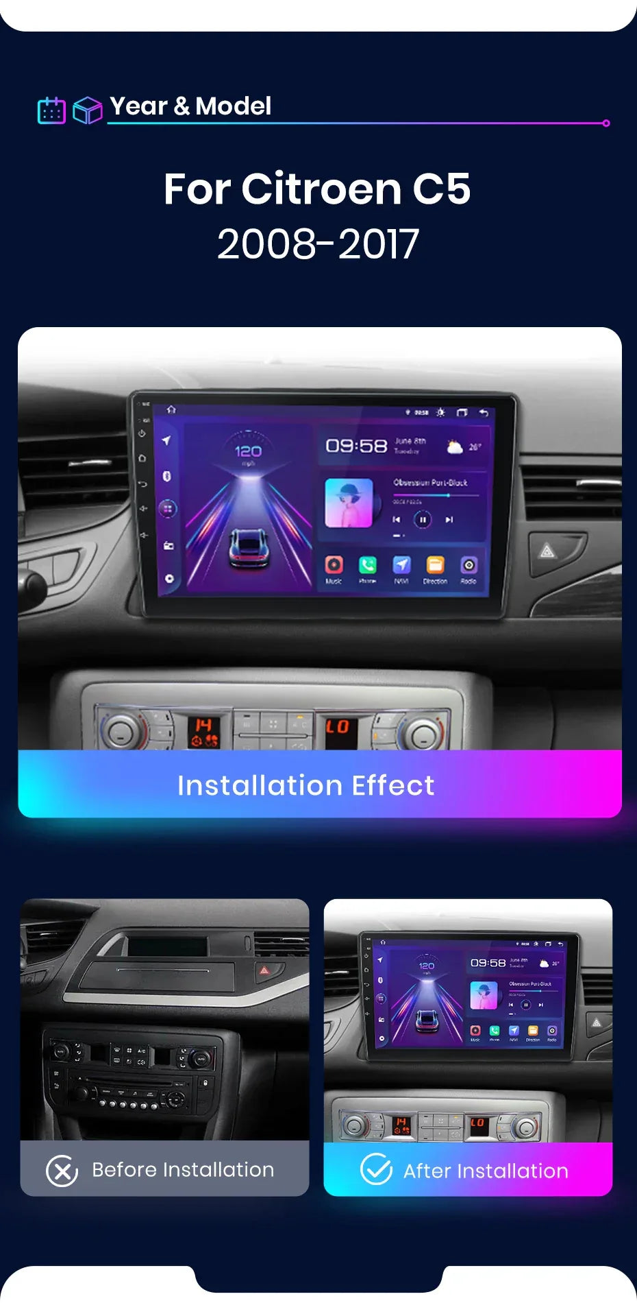 Junsun Wireless CarPlay Android Auto Car Radio For Citroen C5 2008 2009 2010-2017 RDS 4G WiFi GPS 2din BT Car accessories