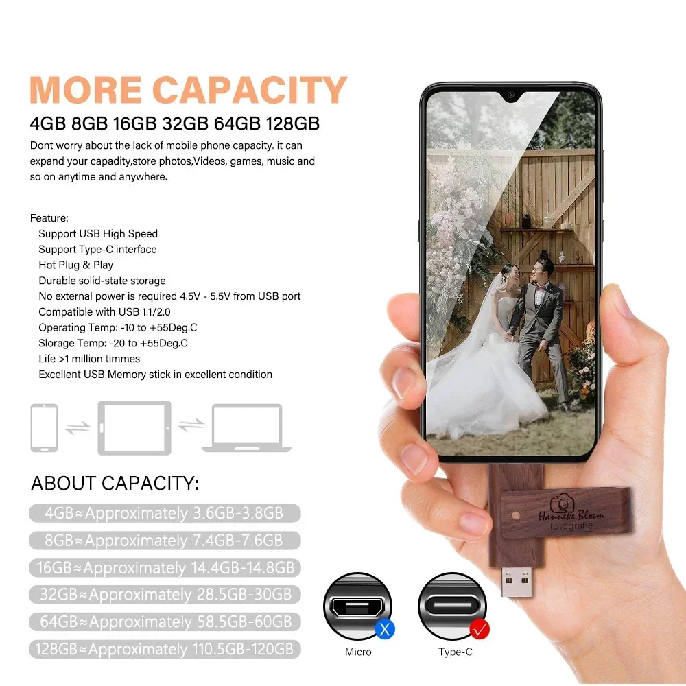 USB3.0 Wooden  TYPE-C Free Custom Logo USB 3.0 Flash Drive 128GB Rotatable Pen Drive 64GB Memory Stick Creative Gift Pendrive