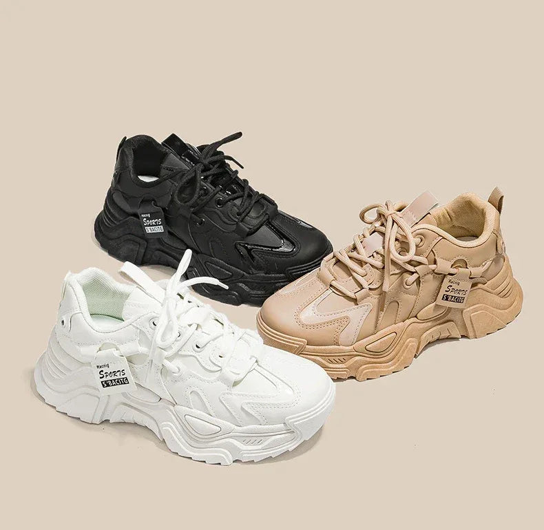 Women's Shoes Platform Autumn Leather 2025 New Versatile Black Casual Sneaker Solid Color Lace-up Vulcanize Shoes Tenis Feminino