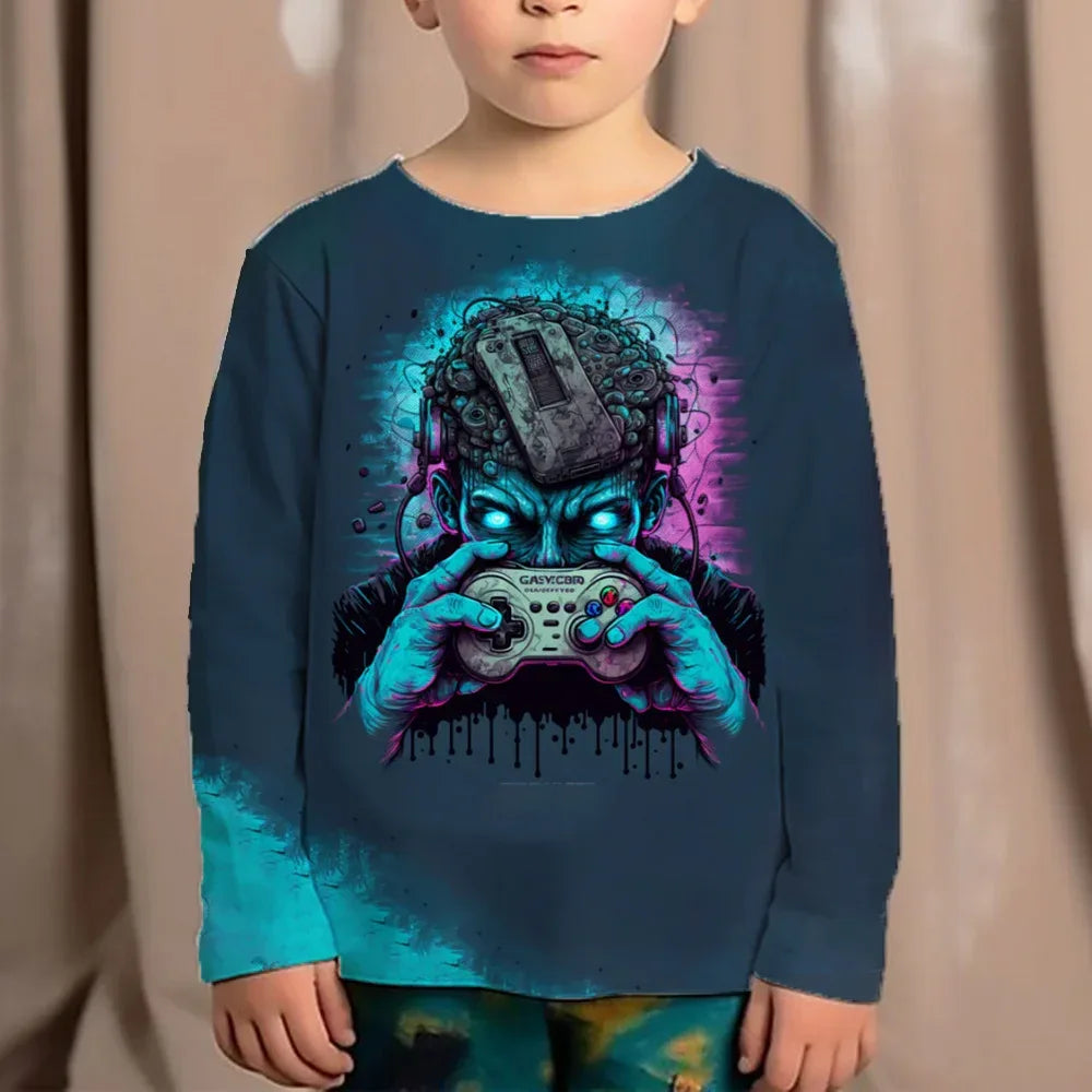 Top Clothes For Children Clothing Autumn Games Console Black T-Shirt Kids Tees Long Sleeve Tshirt From 10 To 12 Years Old Boys