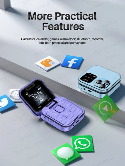 SERVO i16 PRO 4G LTE Mini Flip Mobile Phone Dual SIM Standby Call Recording Speed Dial FM Radio 1.77" Screen Foldable Cellphones