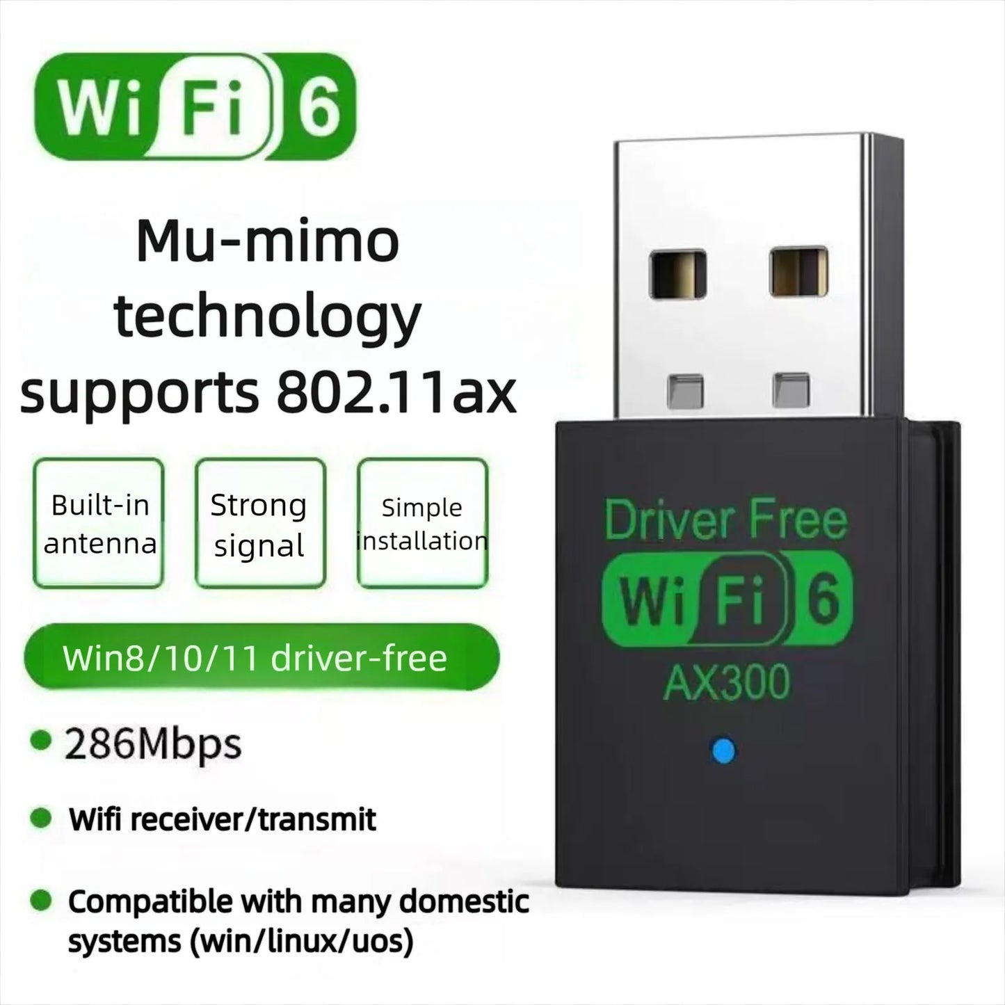 WiFi 6 AX300 WiFi USB Adapter Wireless Network Card 2.4G Wi-Fi Dongle Dual Band Antenna USB For PC/Laptop Win10/11 Driver Free