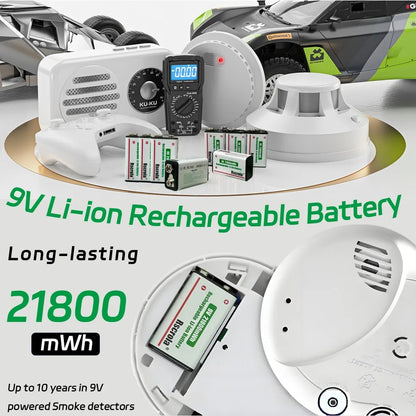 Rechargeable 9V Battery USB-C Charge,21800mWh Long-lasting 9V Li-Ion Battery with Free Cable,for Smoke Alarm,Camera,Clocks,Audio