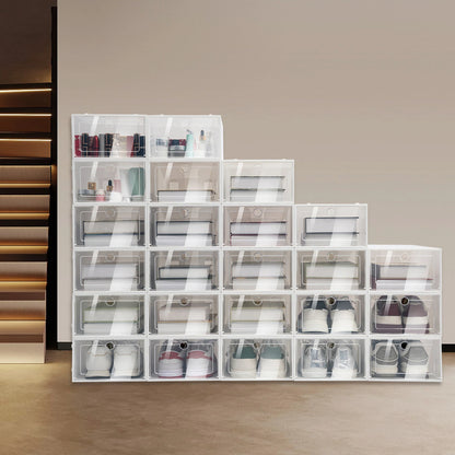 Lot de 24 boîtes à chaussures empilables, épaisses et robustes, transparentes et multifonctionnelles, pour le rangement universel de chaussures et de bottes.