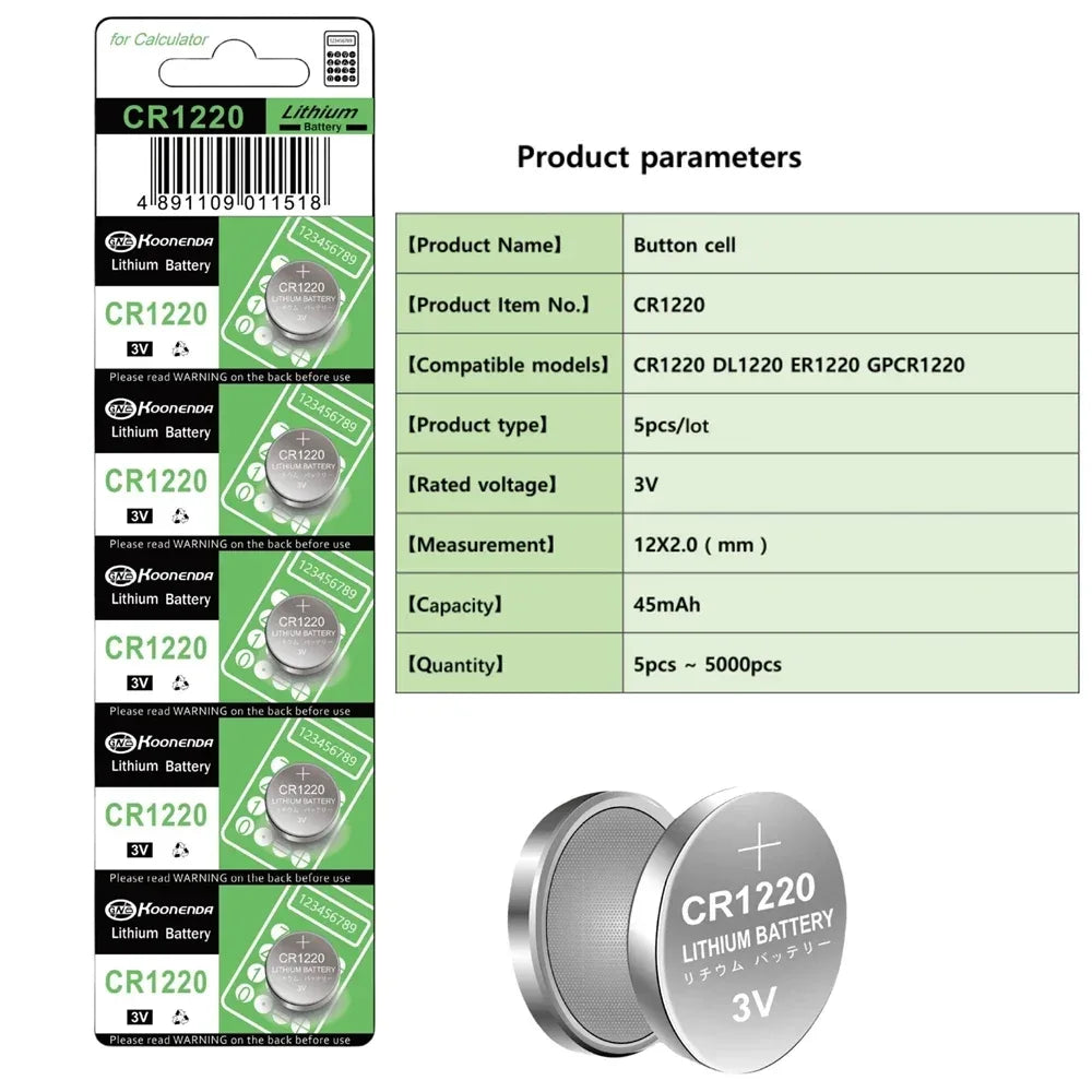 2-10pcs High-Capacity CR1220 LM1220 BR1220 KCR1220 3V Alkaline battery For Toy Watch Car Remote Control Mouse Button Coin Cell