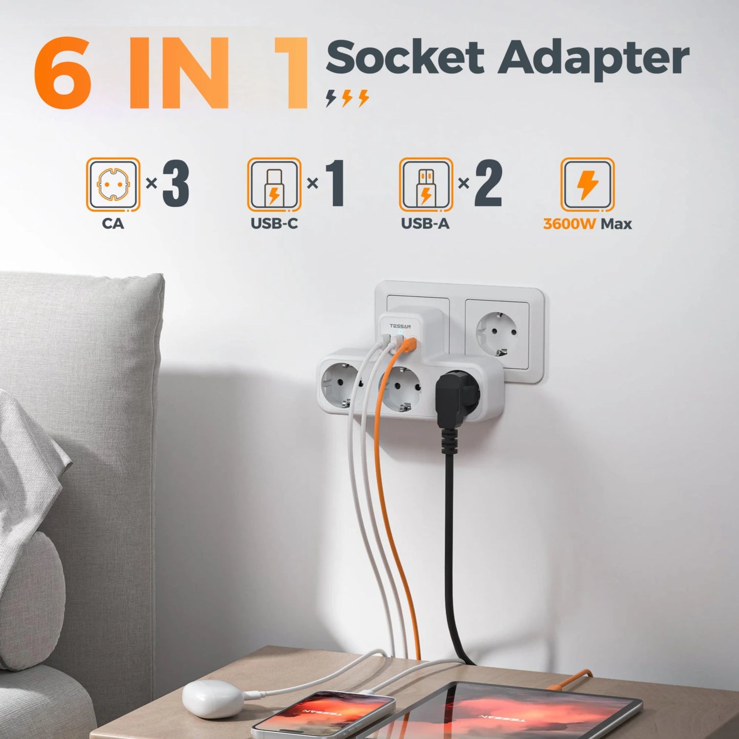 Tessan Multiple EU Standard USB Socket Wall Socket 6 in 1 Plug Socket with 3 AC Outlets with USB Charging Ports for Home Office